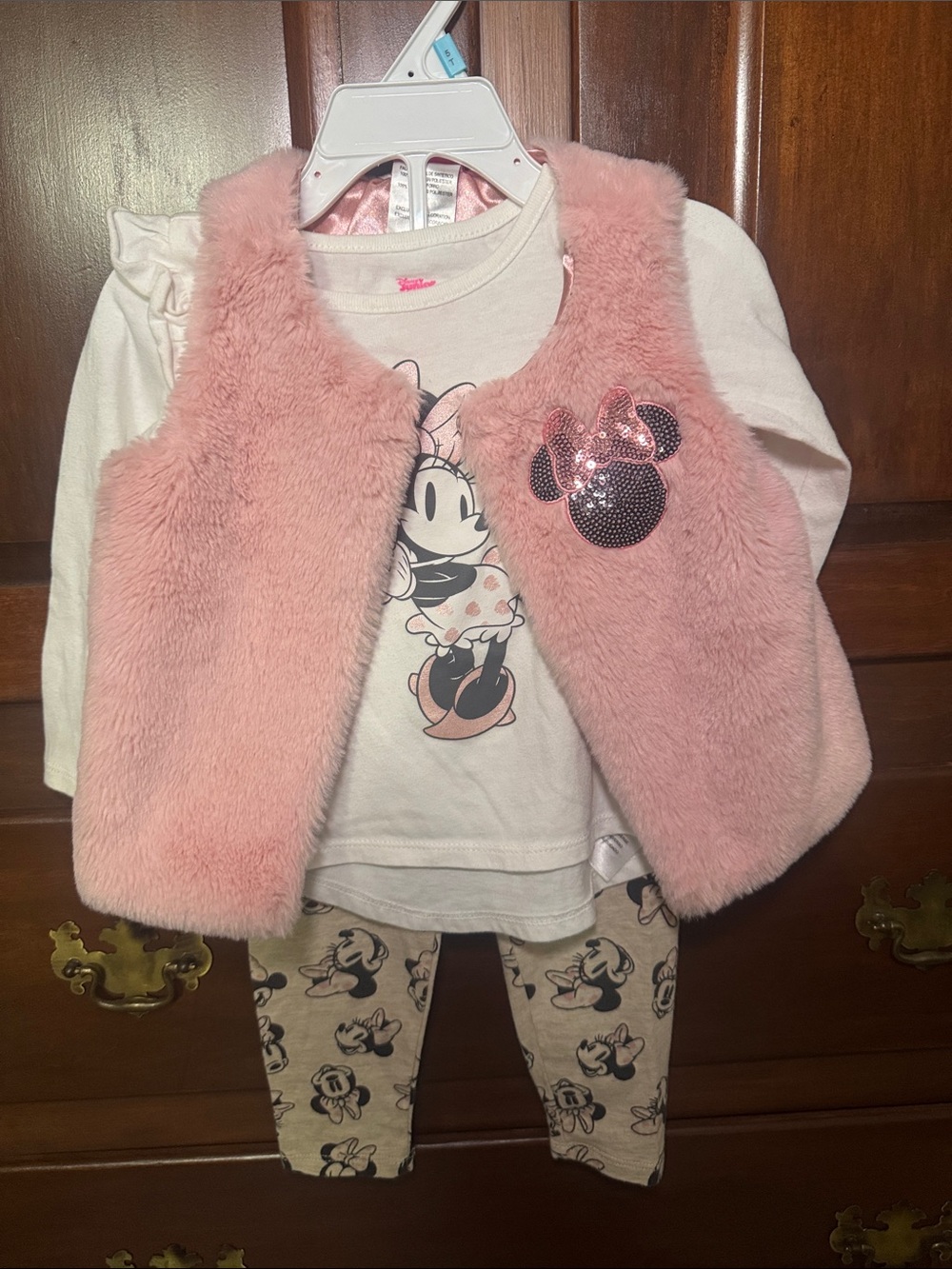 Girls Pink Faux Fur Vest with Sequin Minnie Patch